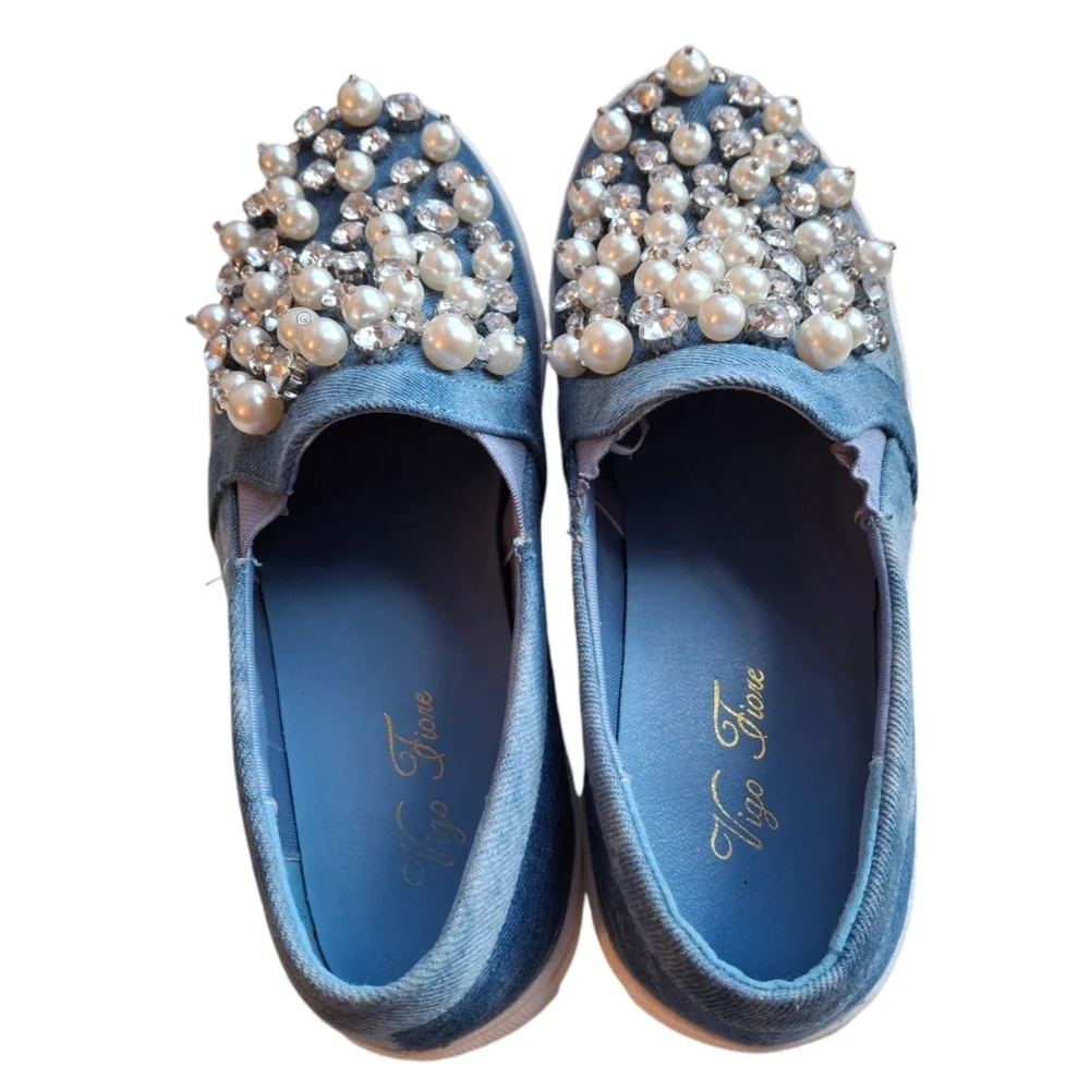 Vigo Fiore Chic-22 Studded Pearl Rhinestone Denim Slip-On Sneaker Women Size 6.5 - Picture 3 of 13